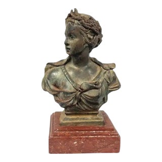 Classical Bronze Female Bust on Red Marble Base For Sale