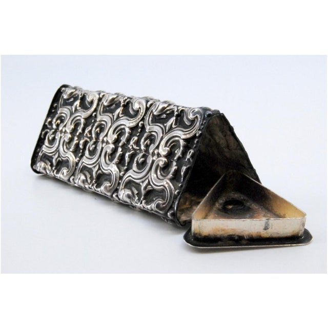 Toothpick Holder in Embossed Silver in a Triangular Shape with a Lid for Opening For Sale - Image 6 of 10