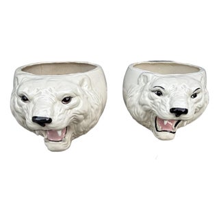 Pair Vintage Ceramic Roaring Tiger Bear Head Planters MCM Hollywood Regency For Sale