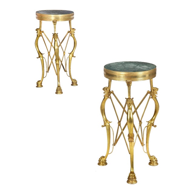 Pair of Neo-Pompeian Brass and Green Marble Gueridon Side Tables For Sale