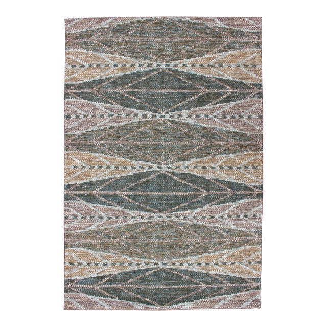 Keivan Woven Arts Scandinavian Flat-Weave Rug With Brown and Green 3'2 X 4'11 For Sale