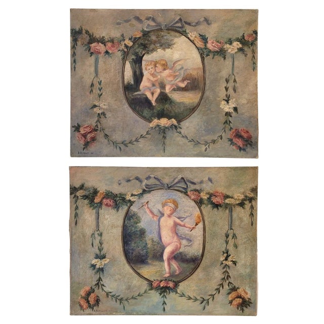 Pair of oil paintings “cherubs”, d. Berthault, art nouveau, 1922 – france technique: oil on canvas title: “cherubs”...
