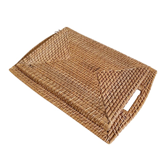 1980s Woven Rattan Serving Tray With Handles For Sale - Image 5 of 6