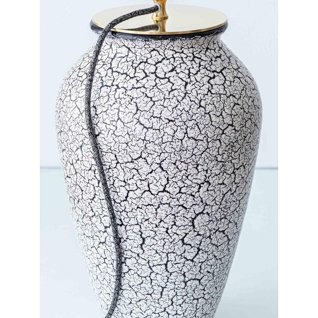 Vintage Jasba Cortina Black and White Crackle Ceramic Table Lamp, New Black Linen Lampshade For Sale - Image 4 of 17