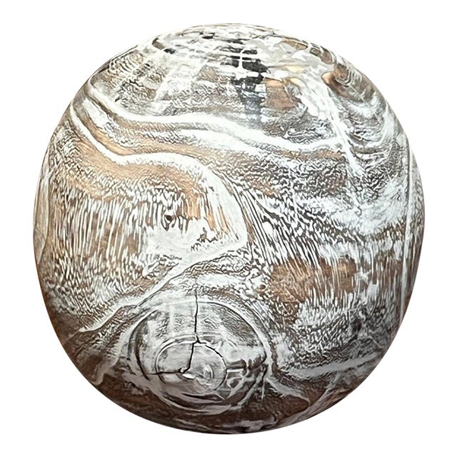 Early 20th Century 6" Mexican Hand Carved Wood Sphere Whitewashed Latin American Folk Art Orb For Sale