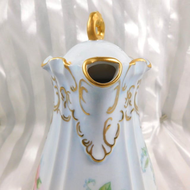 Contemporary 1940s Pale Blue Signed Hand Painted Teapot Sugar Bowl and Creamer Set For Sale - Image 3 of 17