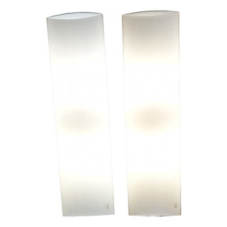 Large Minimalist Wall Lamps with White Opal Glass Shades on Concealed White Metal Brackets by Peill & Putzler, 1980s, Set of 2 For Sale