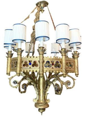Large 19th Century Italian Gothic Revival Gilt Bronze and Enameld 12 Candle Lights Chandelier