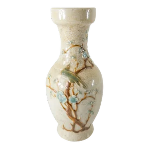 Early 20th Century Chinese Beige Crackle Vase With Bird and Prunus Branch