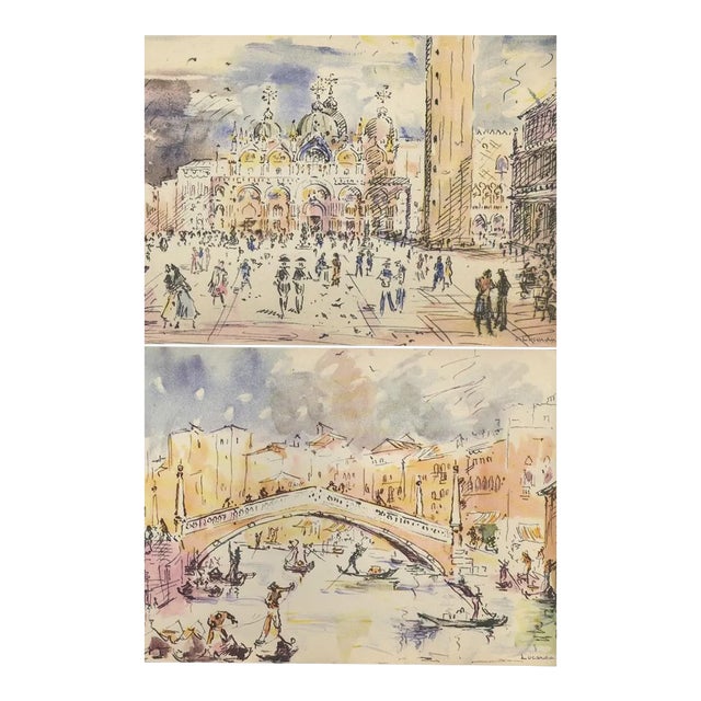 1952 Pair-Venice Watercolor Illustration Prints-Signed, Matted For Sale