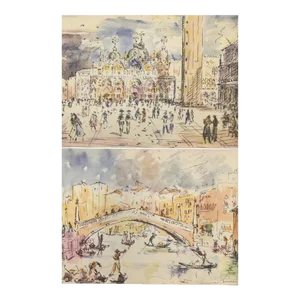 1952 Pair-Venice Watercolor Illustration Prints-Signed, Matted