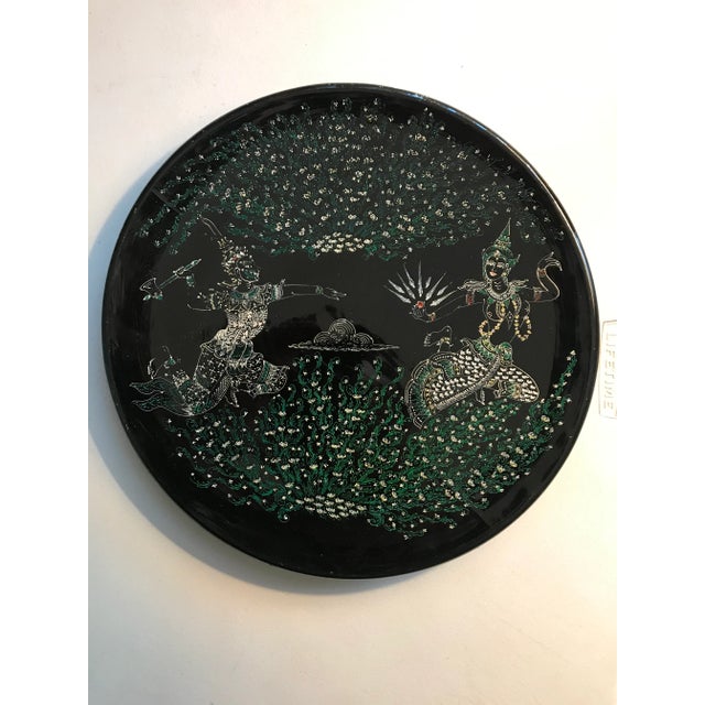 Wood Mid Century Siam Ramayana Legend Decorative Black Lacquer Hand Painted Plate Thailand For Sale - Image 7 of 7