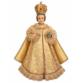 Vintage Child Jesus of Prague Religious Statue With Crown & Embellished Lace Robes For Sale