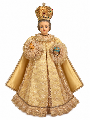 Vintage Child Jesus of Prague Religious Statue With Crown & Embellished Lace Robes