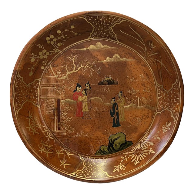 Chinoiseries Golden Graphic Brown Lacquer Round Display Disc Plate Tray For Sale