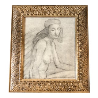Vintage Art Deco Female Nude Charcoal Study Drawing Wood Frame For Sale