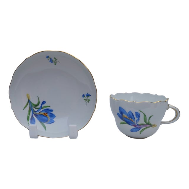 Porcelain Tea Cup and Saucer with Hand-Painted Blue Crocus from Meissen, 1960, Set of 2 For Sale