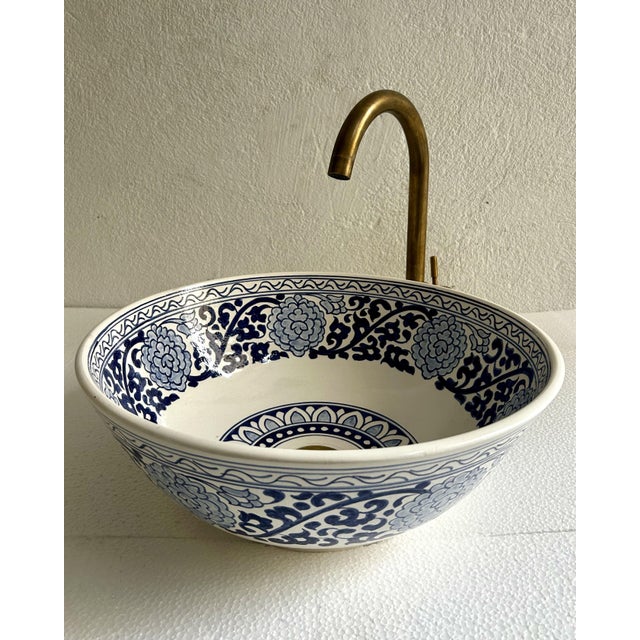 Pink Flower Handcrafted Vessel Basin Ceramic Modern Style, Moroccan Basin Sink Bowl with Brass Drain For Sale - Image 10 of 10