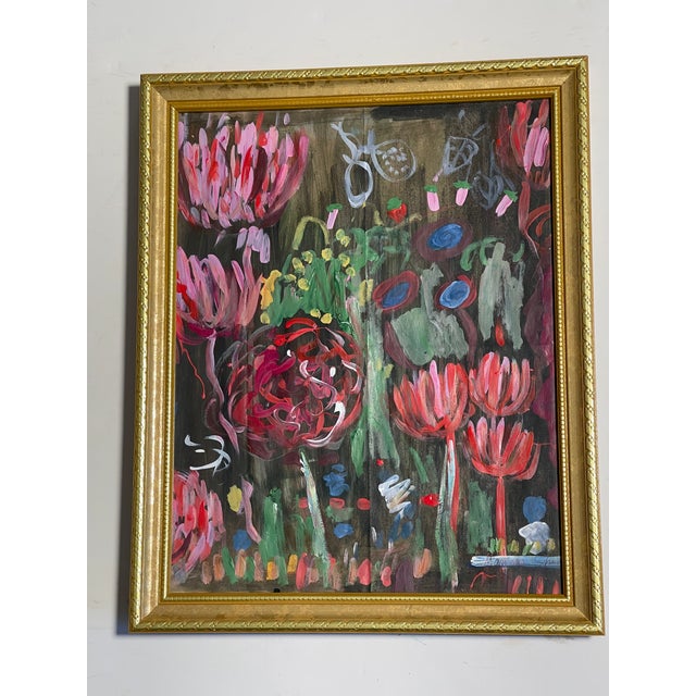 Abstract modern mixed media on brown paper painting signed and Framed.