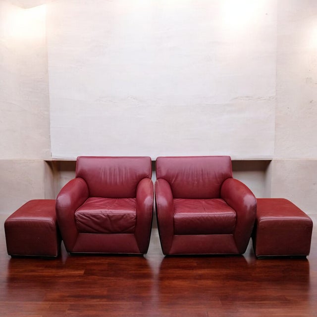 Stunning Pair of Vintage Italian Leather Club Chairs With Two Matching Ottomans by Cabot Wrenn For Sale In Raleigh - Image 6 of 12