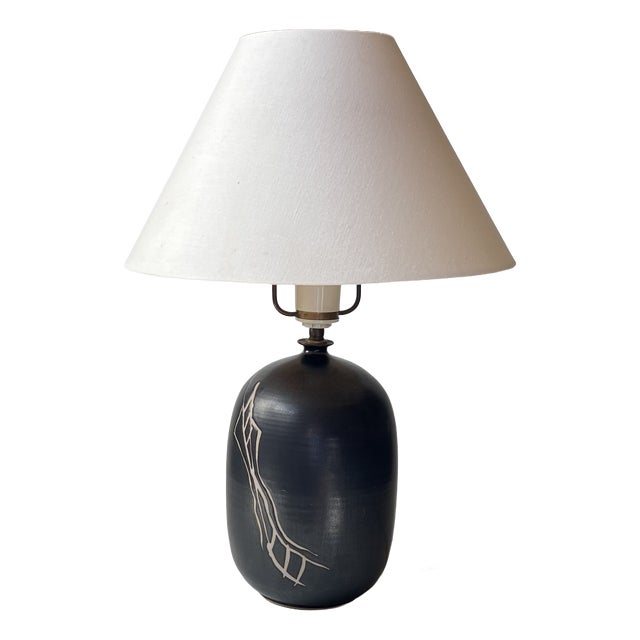 Danish Modern Satin Black Ceramic Table Lamp by Aino Grib, 1980s For Sale