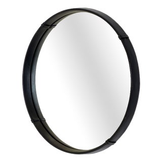 Mid-Century Modern Round Wall Mirror with Black Leather Frame, 1970s For Sale