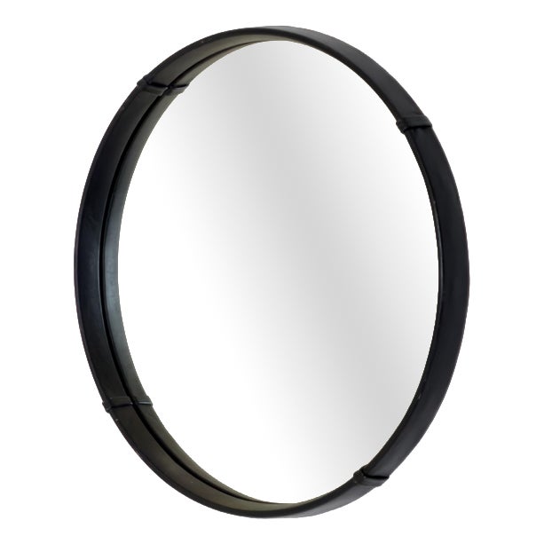 Mid-Century Modern Round Wall Mirror with Black Leather Frame, 1970s For Sale