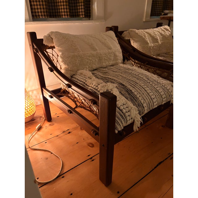 Mid-Century Modern 1960s Low Lounge Chairs Attributed to Jean Gillon Tijuca in Rosewood and Rope – Pair For Sale - Image 3 of 3