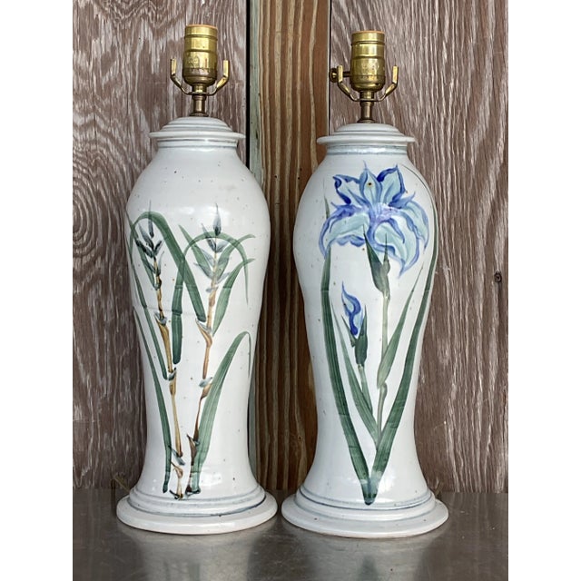 Vintage Hand Painted Ceramic Crane Bamboo Motif - Pair For Sale - Image 4 of 8