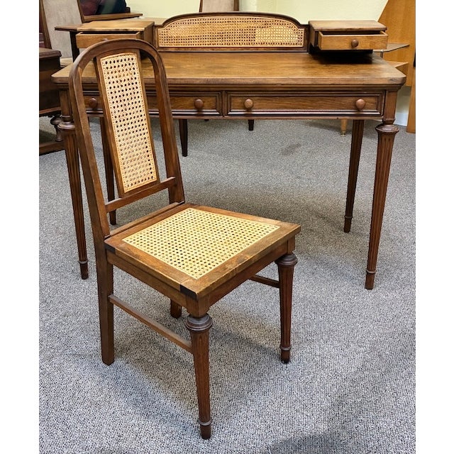 Walnut Writing Desk With Drawers and Wicker Accents With Matching Wooden Wicker Chair (free with desk) Unique thin legs,...