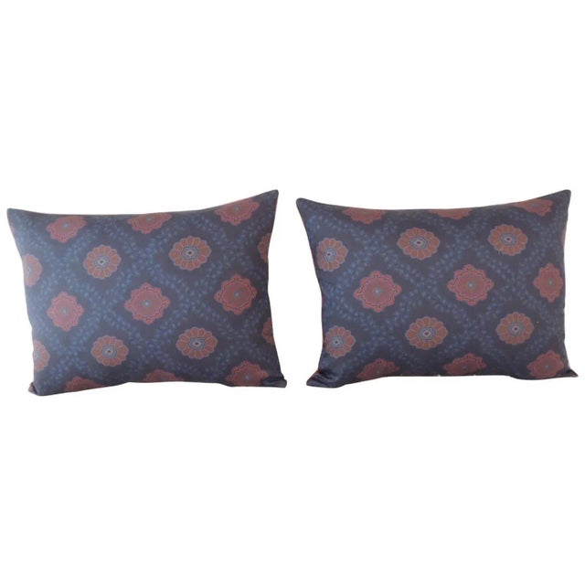 Blue Red and Blue Satin Cotton Modern Bolster Decorative Pillows From Portugal- A Pair For Sale - Image 8 of 8