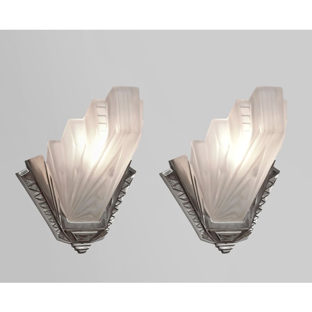 Atelier Petitot Pair of Petitot & Muller Freres French Art Deco Stepped Geometric Wall Sconces 1930s . 2 Pair Available For Sale - Image 4 of 12