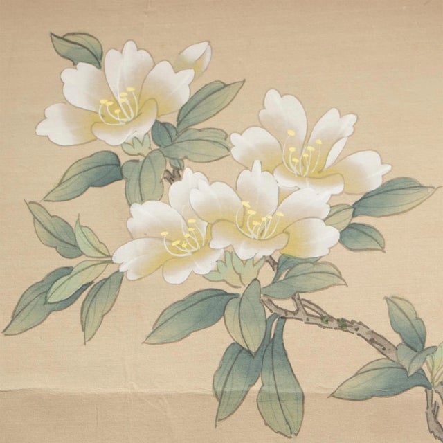 Mid 20th Century Post 1940s Showa Era Japanese Silk Scroll "Rosefinch, Camellias and Lilies" For Sale - Image 5 of 12