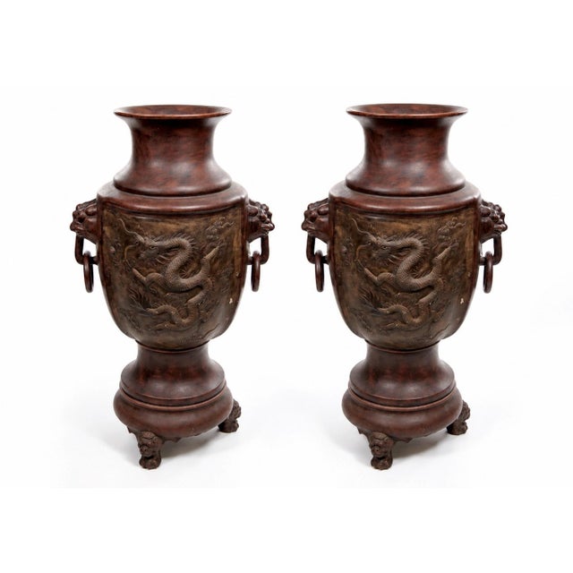 Chinese Antique Chinese Terracotta Dragon Vases / Footed Base, Late 19/Early 20th Century For Sale - Image 3 of 14