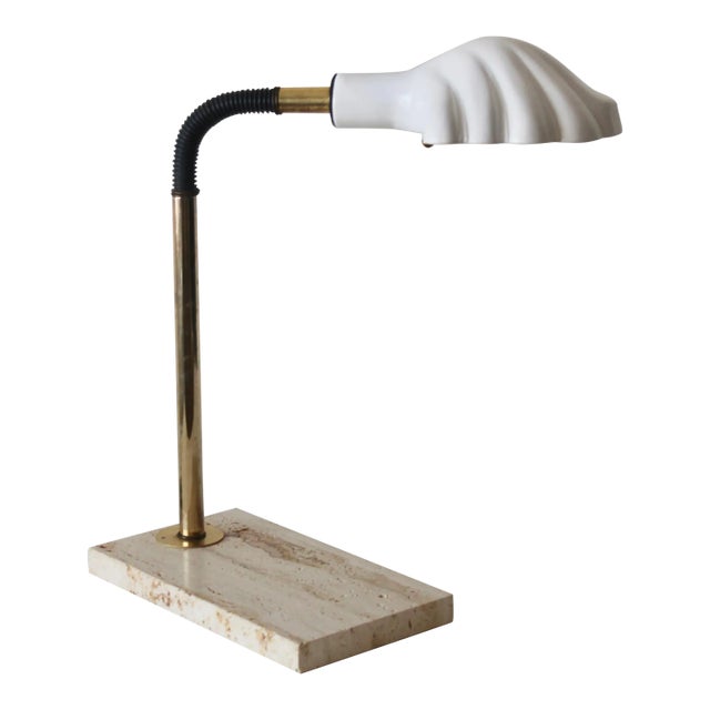 Italian Ceramic Clam Shell Shade Brass and Travertine Gooseneck Desk Lamp For Sale
