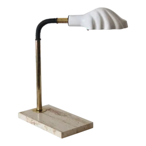 Italian Ceramic Clam Shell Shade Brass and Travertine Gooseneck Desk Lamp