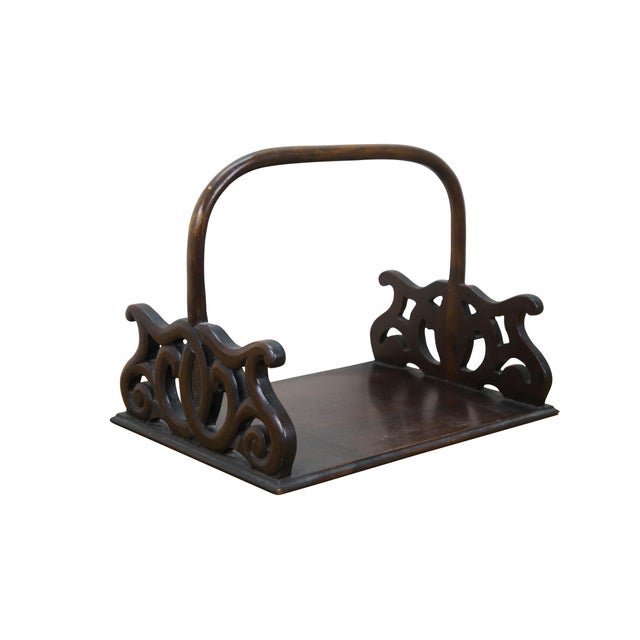 Traditional Mahogany Pierced Scrolled Magazine Holder Book Tray W Bentwood Handle 15" For Sale - Image 3 of 11
