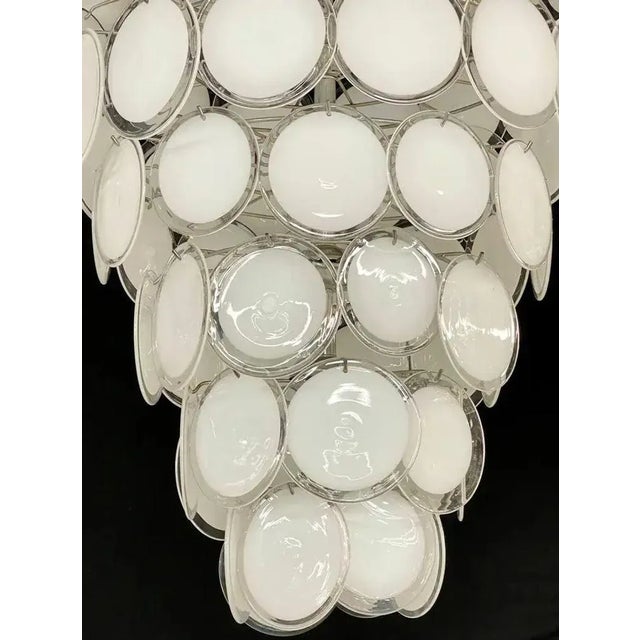 1950s Pair Murano Disc Mid-Century Modern Tiered Chandelier, Antique Brass, Monumental For Sale - Image 5 of 13