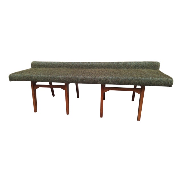 Bench in Light Wood with Green Fabric, 1960s For Sale