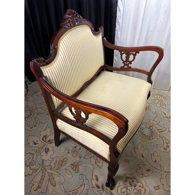 Late 19th Century Victorian Carved Mahogany Settee in Shimmering Cream & Gold Ball and Claw Feet For Sale - Image 9 of 13
