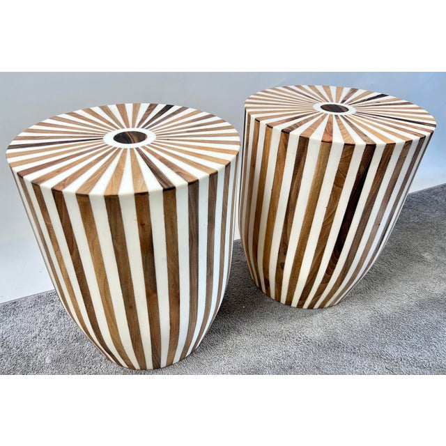 Art Deco Style Brown & White Cylindrical Walnut Resin End Table or Stool, a Pair For Sale - Image 14 of 14