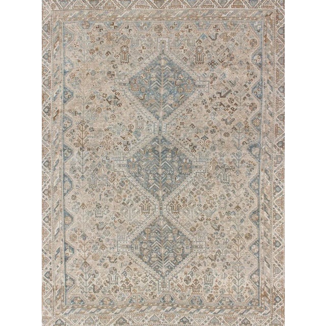 Blue and Taupe Antique Persian Shiraz Rug With Tribal Geometric Medallions For Sale - Image 4 of 13