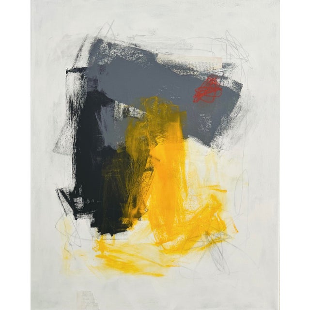 "Emphasis" – This piece was created with acrylic paint, graphite, and collage pieces on a gallery wrapped canvas; piece is...