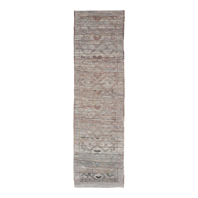 Modern Hand-Knotted Runner in Wool With Diamond Design in Neutral Tones 3'0 X 11'4 For Sale