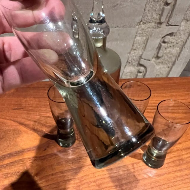 Stone Gray Mid-Century Modern Smoke Glass Decanter Set With Four Shot Glasses Scandinavian For Sale - Image 8 of 11