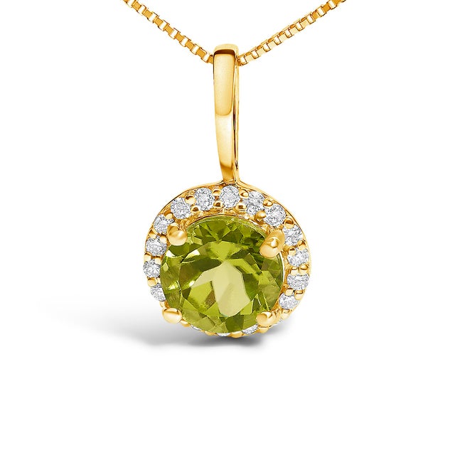 Contemporary 10K Yellow Gold Green Peridot and 1/10 Cttw Diamond Accent Halo Pendant Necklace For Sale - Image 3 of 5