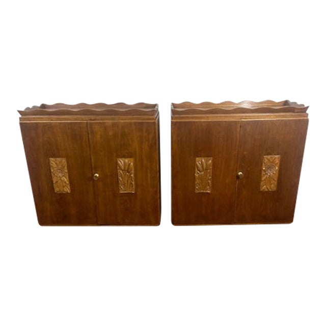 1980s Pair of Wood Night Stands With Carved Wood Panels For Sale