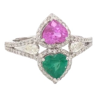 Natural 0.79 cts Zambian emerald and 0.99 cts sapphire ring in 18k gold For Sale