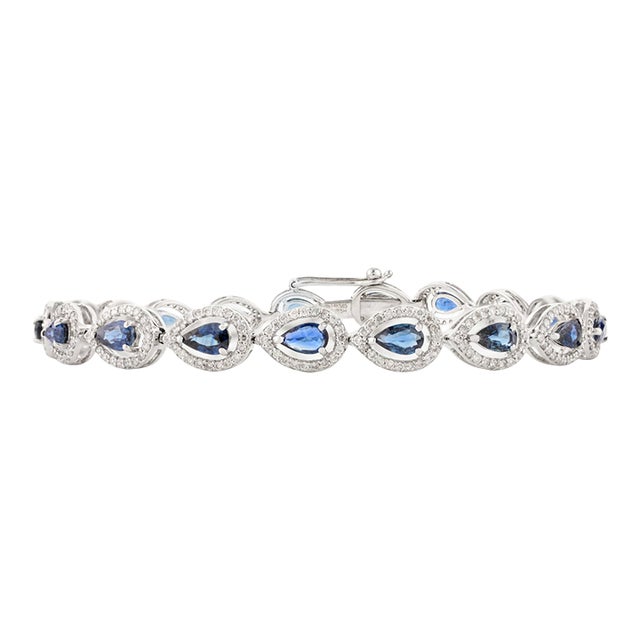 Pear Cut Blue Sapphire & Halo Diamond Tennis Bracelet For Sale