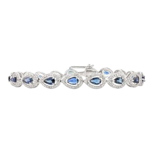 Pear Cut Blue Sapphire & Halo Diamond Tennis Bracelet